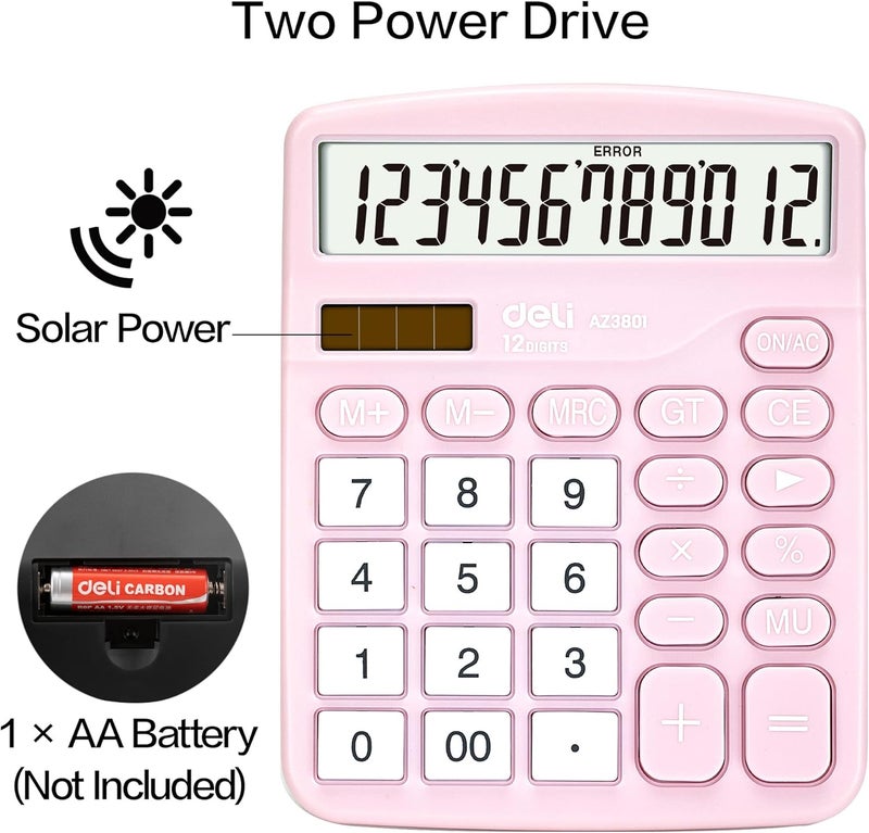 Deli Calculator, Standard Function Desktop Calculators with 12 Digit Large LCD Display and Sensitive Button, Solar Battery Dual Power Office Calculator, Pink - Image 4